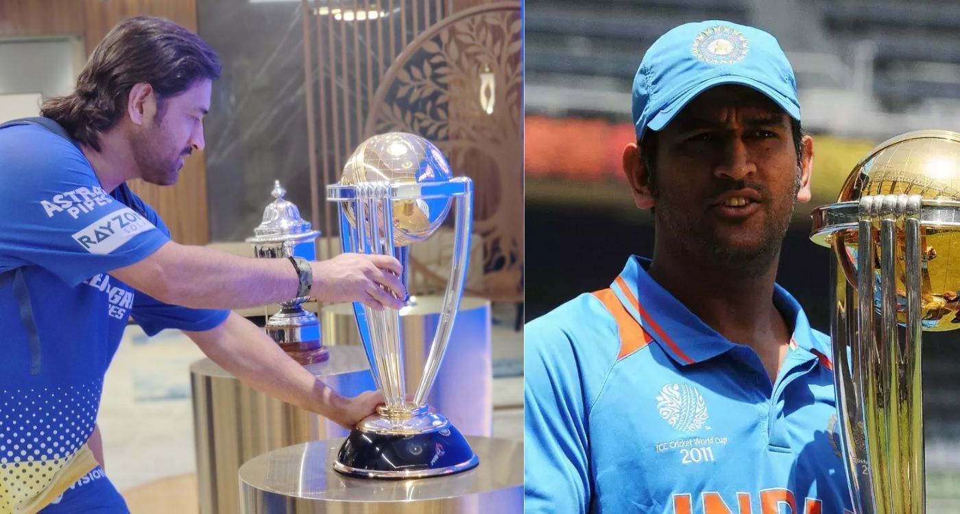 एमएस धोनी वर्ल्ड कप ट्रॉफी के साथ (Photos: BCCI)