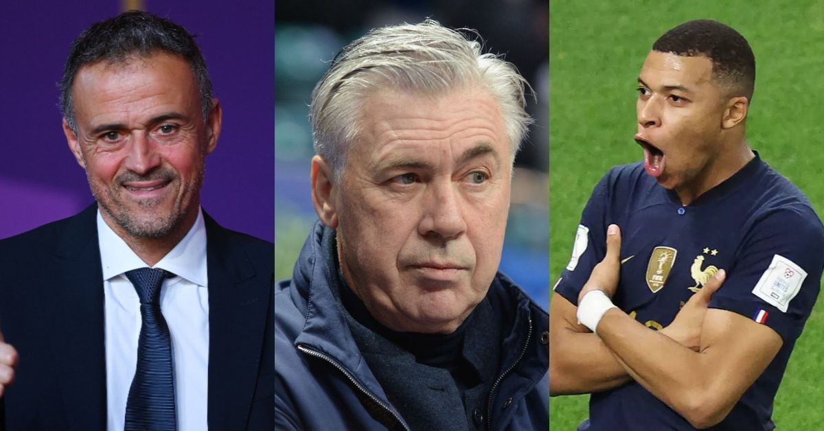 Luis Enrique (left), Carlo Ancelotti, and Kylian Mbappe