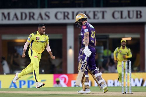 Tushar Deshpande celebrates Phil Salt's wicket. (Credits: Twitter)