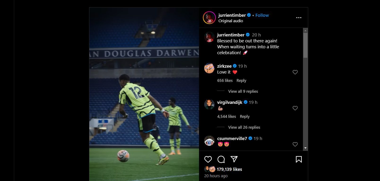 Joshua Zirkzee comments on Jurrien Timber&#039;s Instagram post.