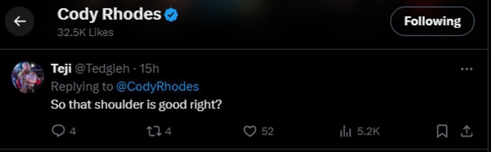 Cody Rhodes liked fans&#039; message [Screengrab via Cody&#039;s X]