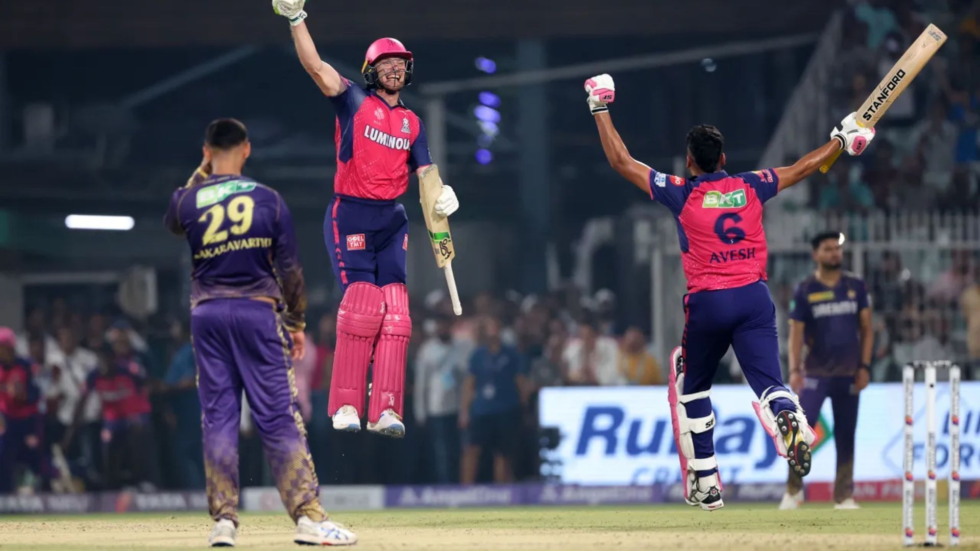 Jos Buttler and Avesh Khan celebrate after hitting the winnings runs during KKR vs RR