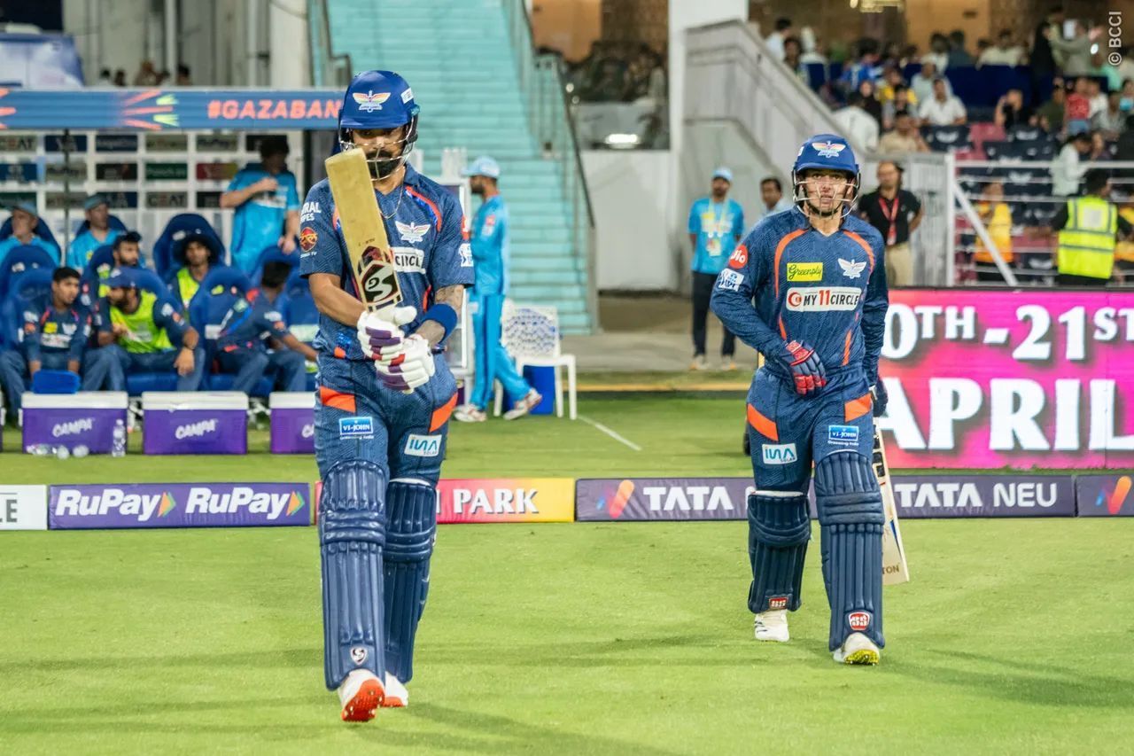 KL Rahul and Quinton de Kock walking out to open the innings for LSG on Friday. [IPL]