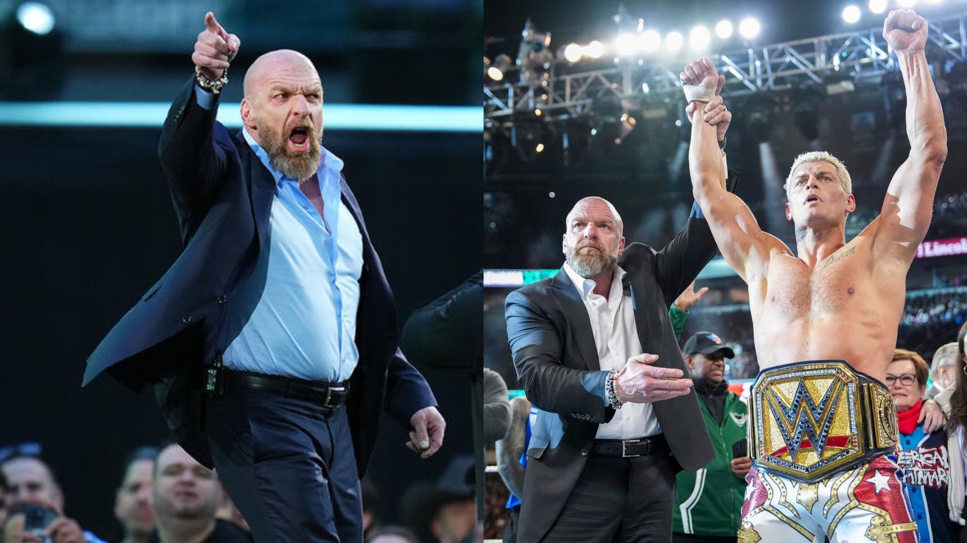 Cody Rhodes celebrating with Triple H at WrestleMania 40 (right)