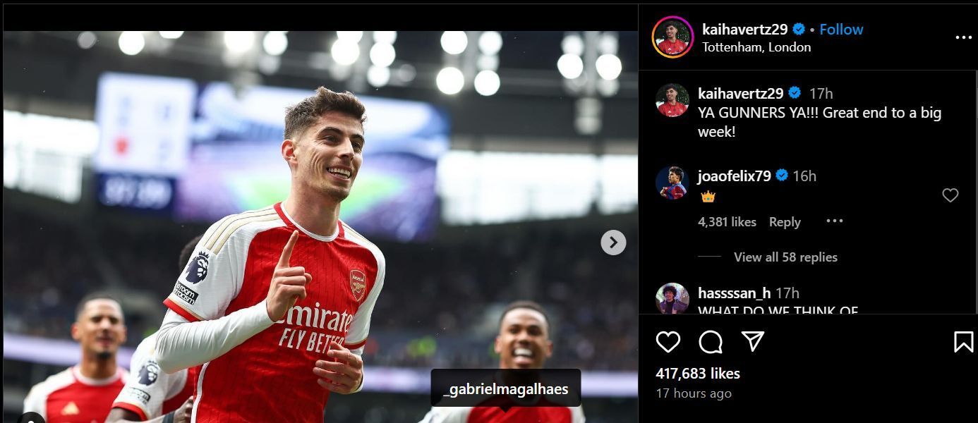 Joao Felix reacts to Kai Havertz&#039;s Instagram post