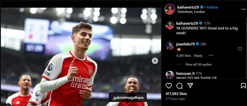 Joao Felix reacts to Kai Havertz's Instagram post