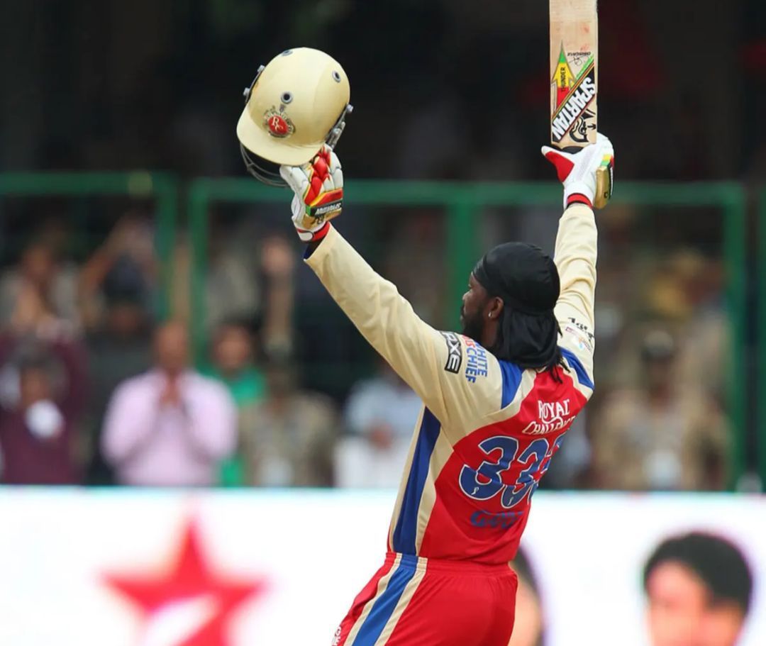 Chris Gayle celebrating his marathon knock for RCB