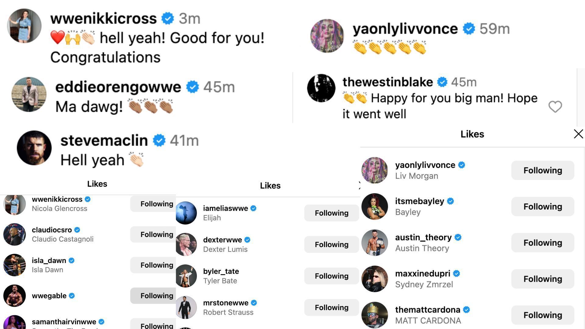 Stars react to Crews&#039; post on Instagram.