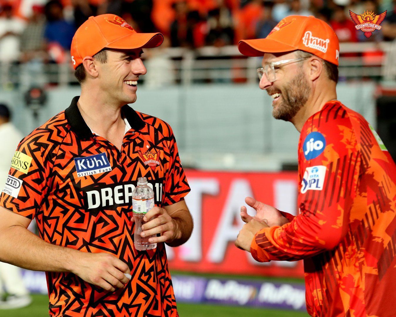 Pat Cummins and with SRH coach Daniel Vettori. (Credits: Twitter)