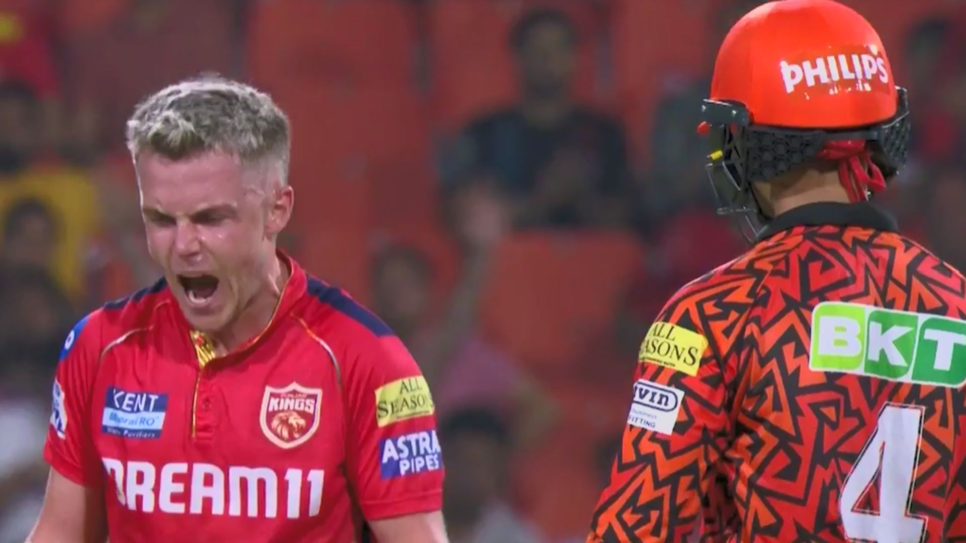 Sam Curran (L) was pumped up after dismissing Abhishek Sharma