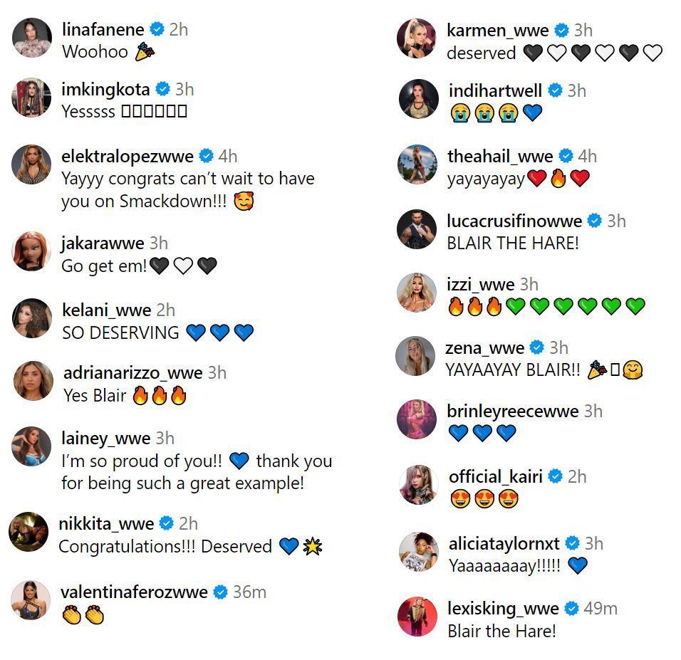 WWE Superstars comment on Blair&#039;s Instagram post