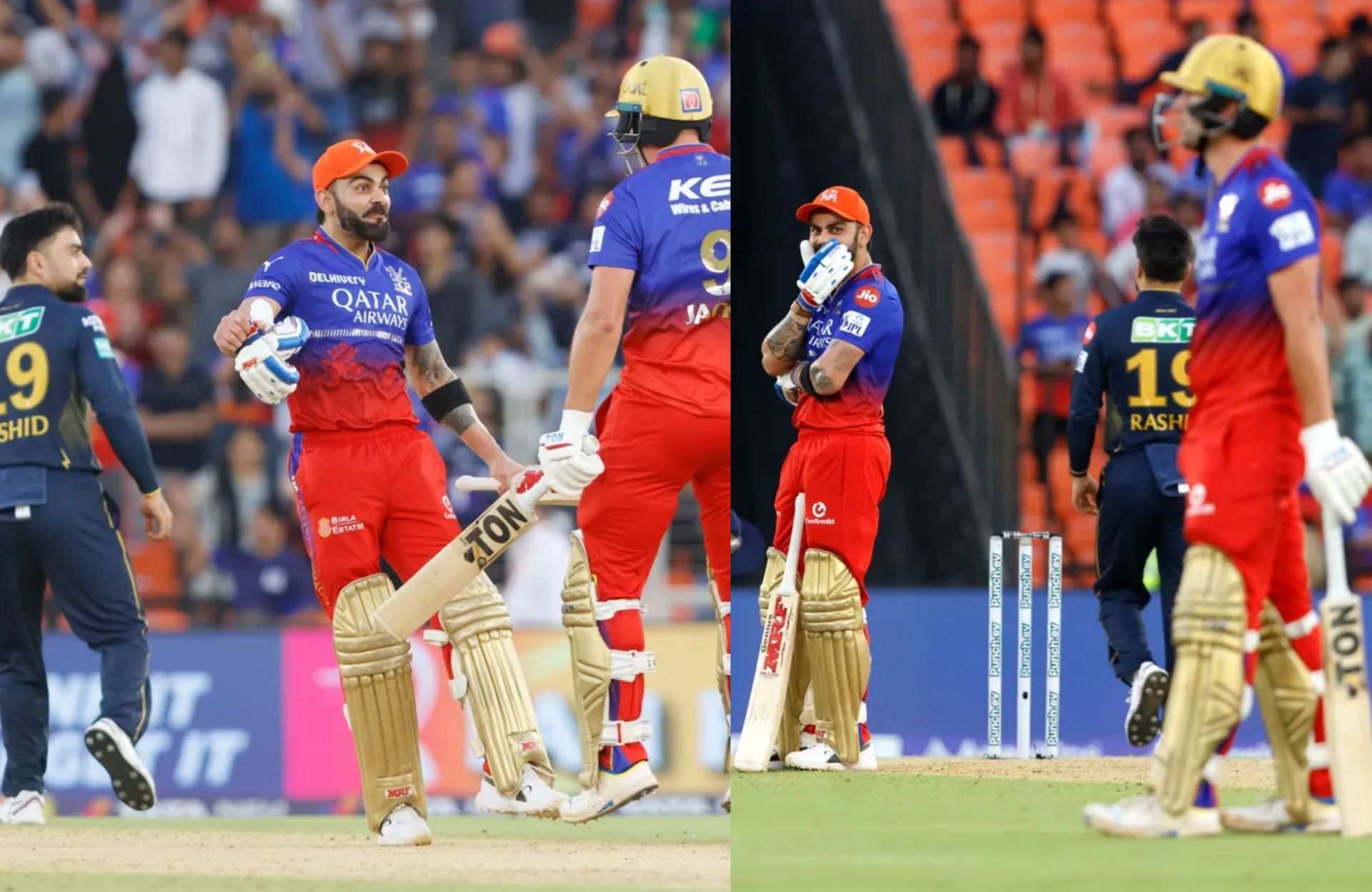 Virat Kohli and Will Jacks in action during RCB vs GT clash in IPL 2024.