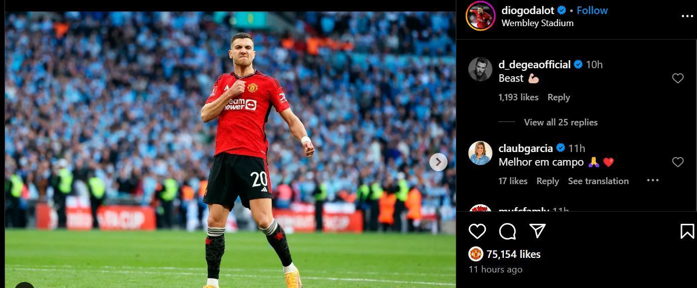 David de Gea reacts to Diogo Dalot&#039;s Instagram post