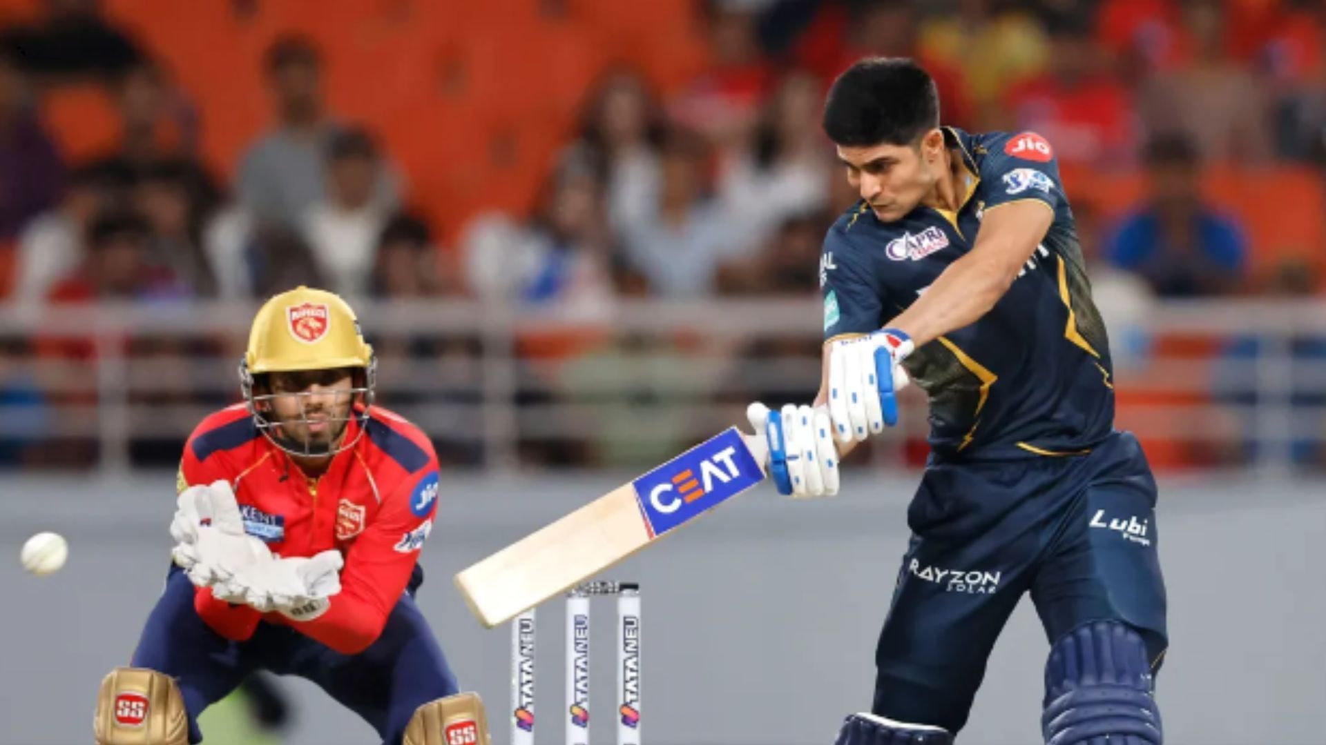 Shubman Gill plays a shot against the Punjab Kings.