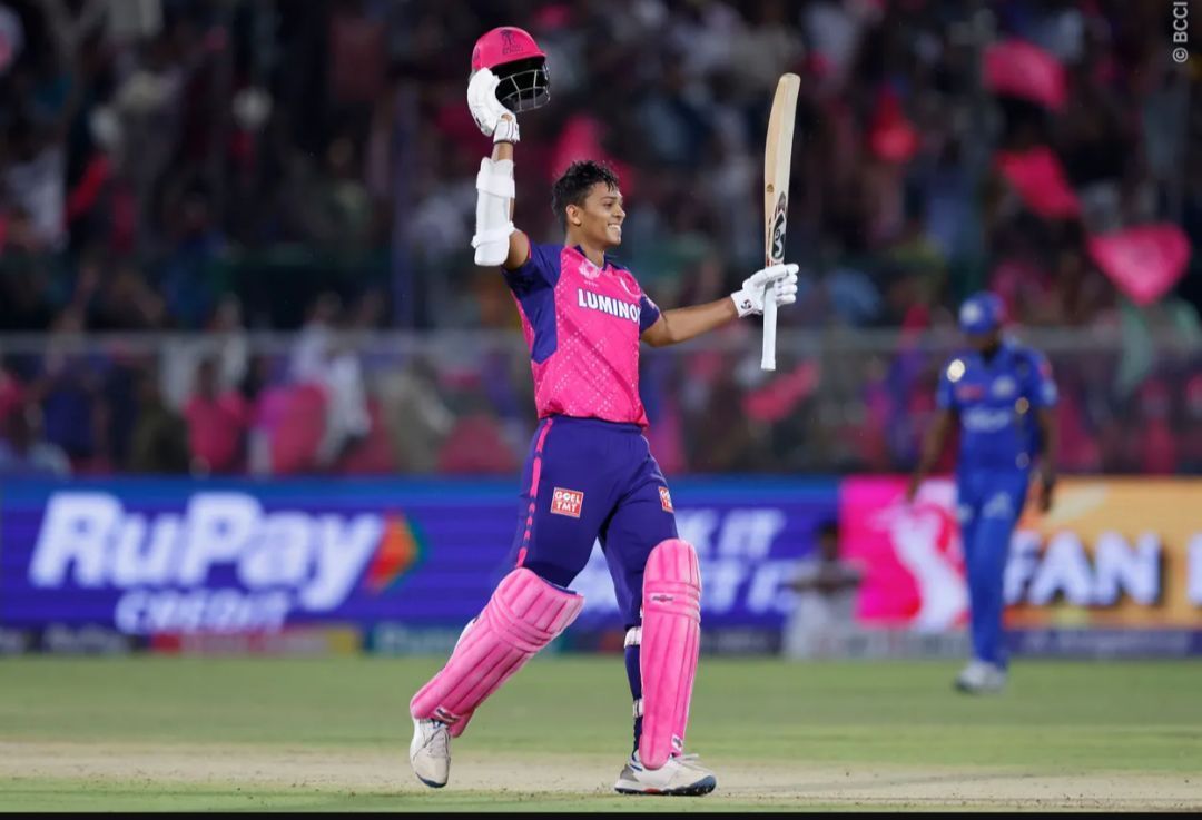 Yashasvi Jaiswal celebrating his superb ton vs MI