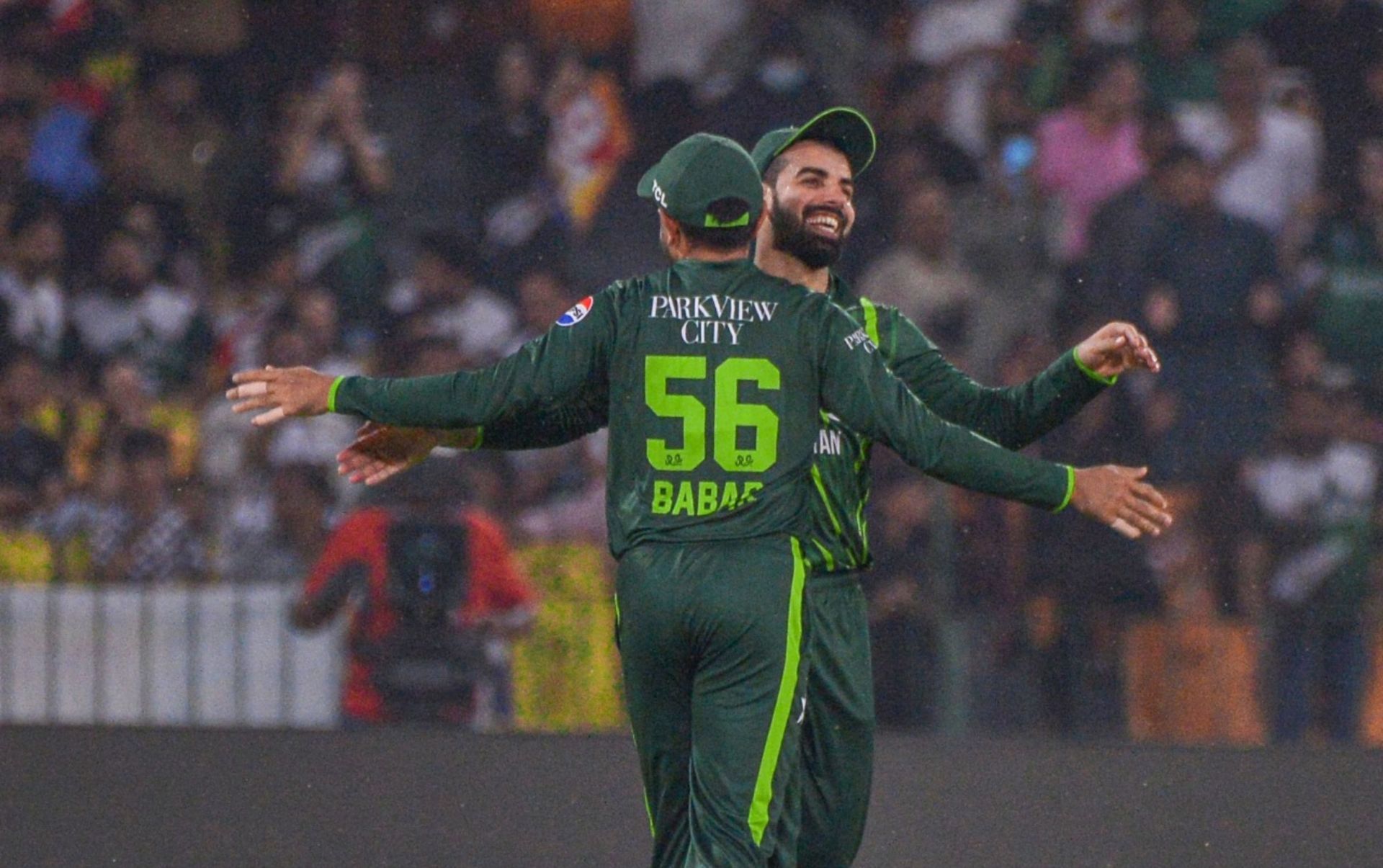 Shadab Khan celebrating with Babar Azam after taking a wonderful catch on Thursday.