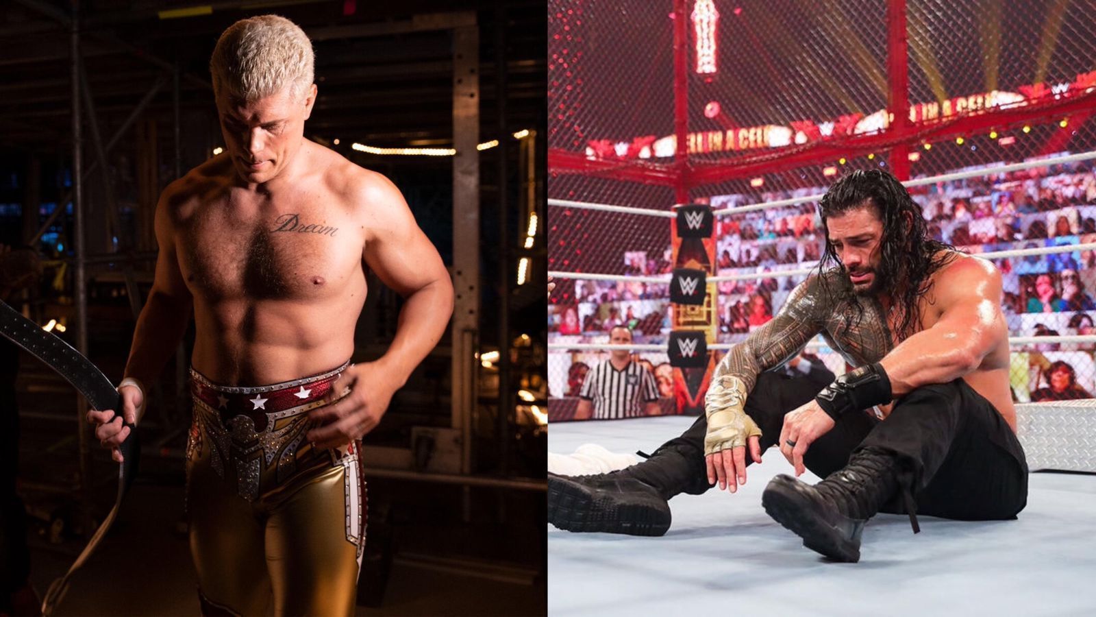 Cody Rhodes (left); Roman Reigns (right)