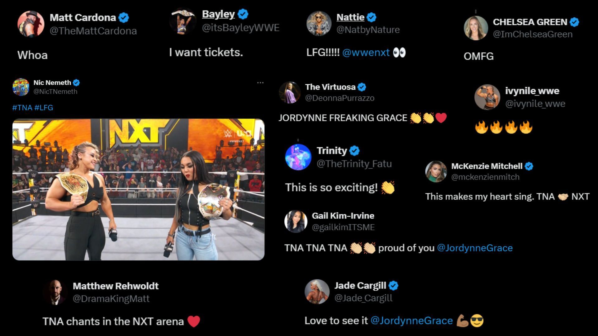 Screenshot of stars&#039; reactions to Jordynne Grace&#039;s surprise appearance on NXT [Image source: X/Twitter]