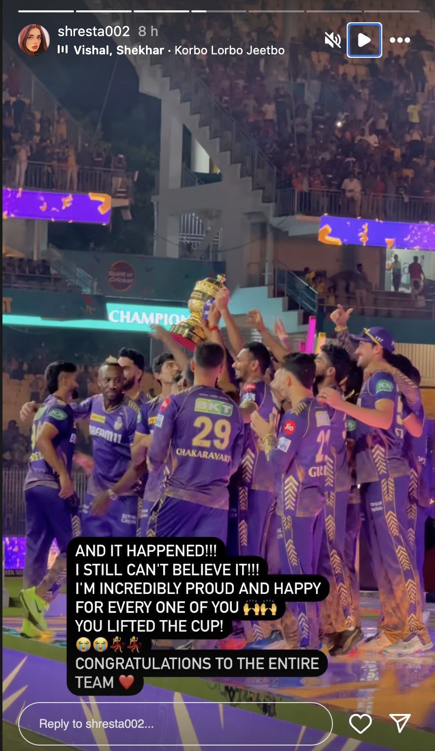 Shreyas Iyer&#039;s sister congratulates the KKR team. (Credit: Instagram)