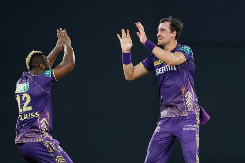 Mitchell Starc celebrates with Andre Russell. (Credits: Twitter)