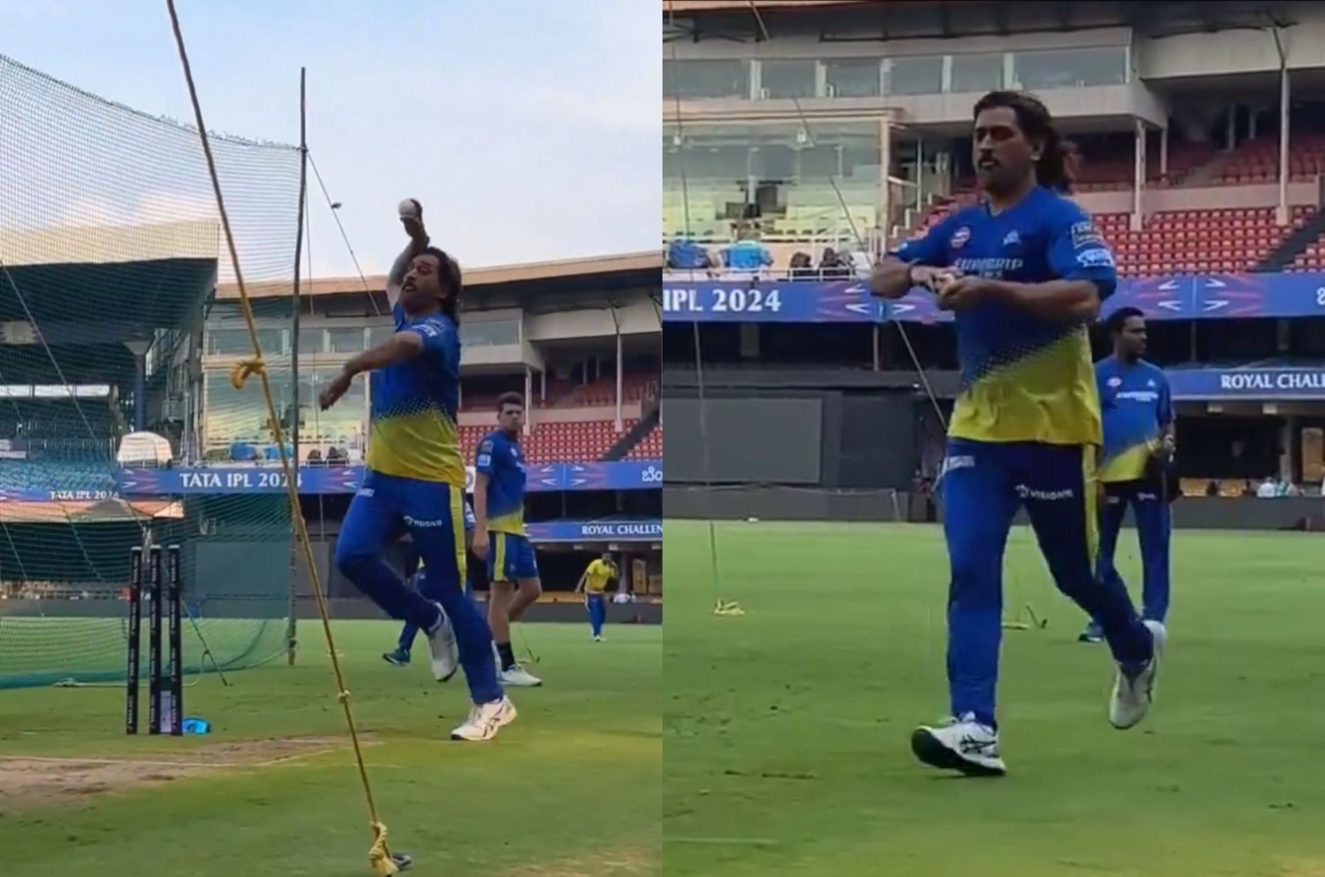 MS Dhoni bowling in the nets at the M Chinnaswamy Stadium.