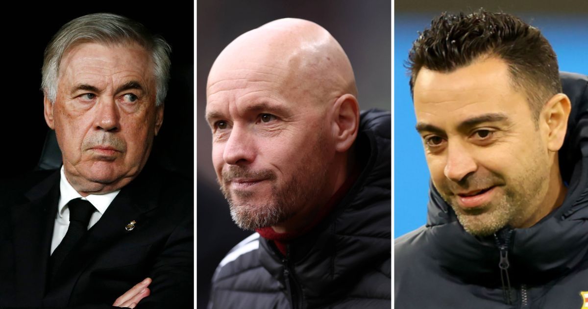 Real Madrid boss Carlo Ancelotti, Manchester United manager Erik ten Hag and Barcelona tactician Xavier Hernandez (from left to right)