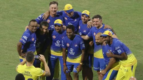 Members of CSK's coaching setup click a group picture after team's IPL 2018 title win