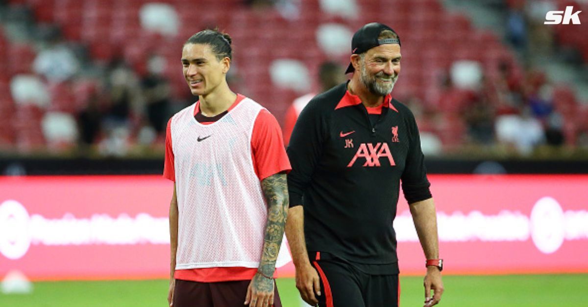Outgoing Liverpool boss Jurgen Klopp (right) and Darwin Nunez