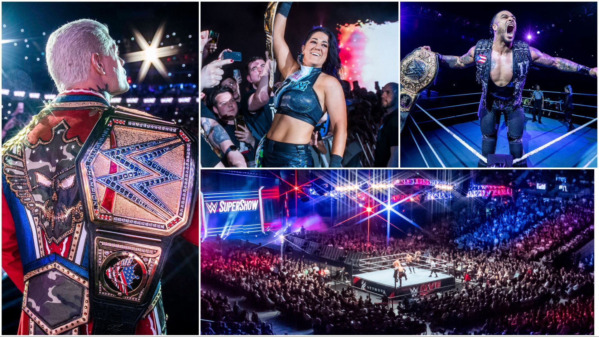 Cody Rhodes, Bayley and Damian Priest with their championships at WWE live events