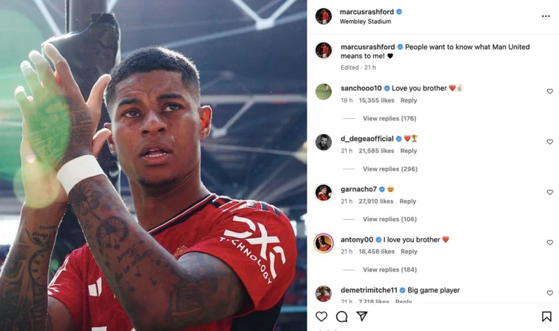 Jadon Sancho and others react to Rashford&#039;s post.