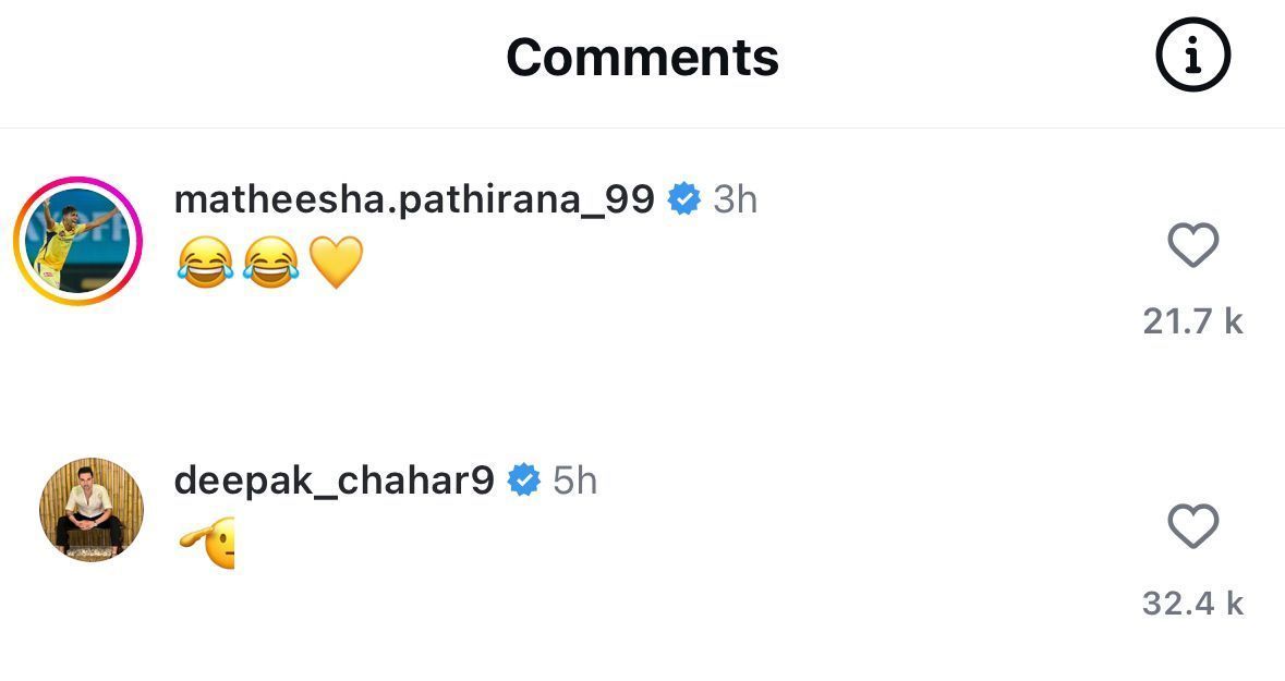 Screenshot of Deepak Chahar and Matheesha Pathirana&#039;s comment.