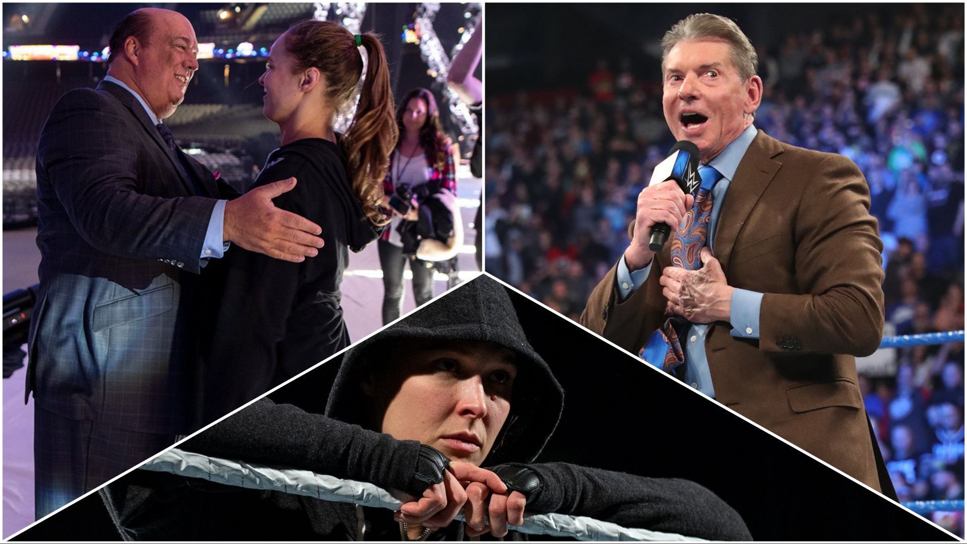 Ronda Rousey in the ring, Rousey with Paul Heyman at WrestleMania, Vince McMahon on SmackDown