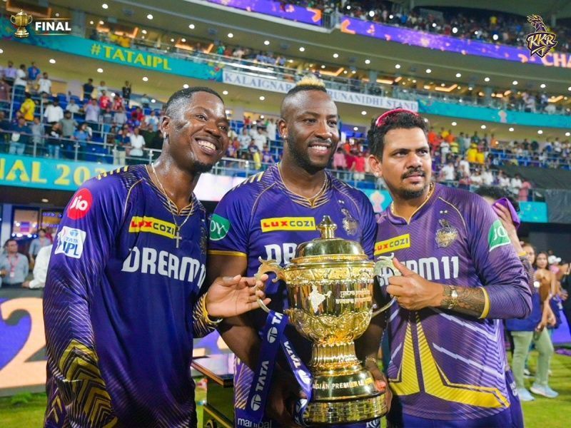 Andre Russell (middle) and Sunil Narine (right) were two of the heroes of KKR&rsquo;s IPL 2024 triumph. (Image Credit: Kolkata Knight Riders/ X)