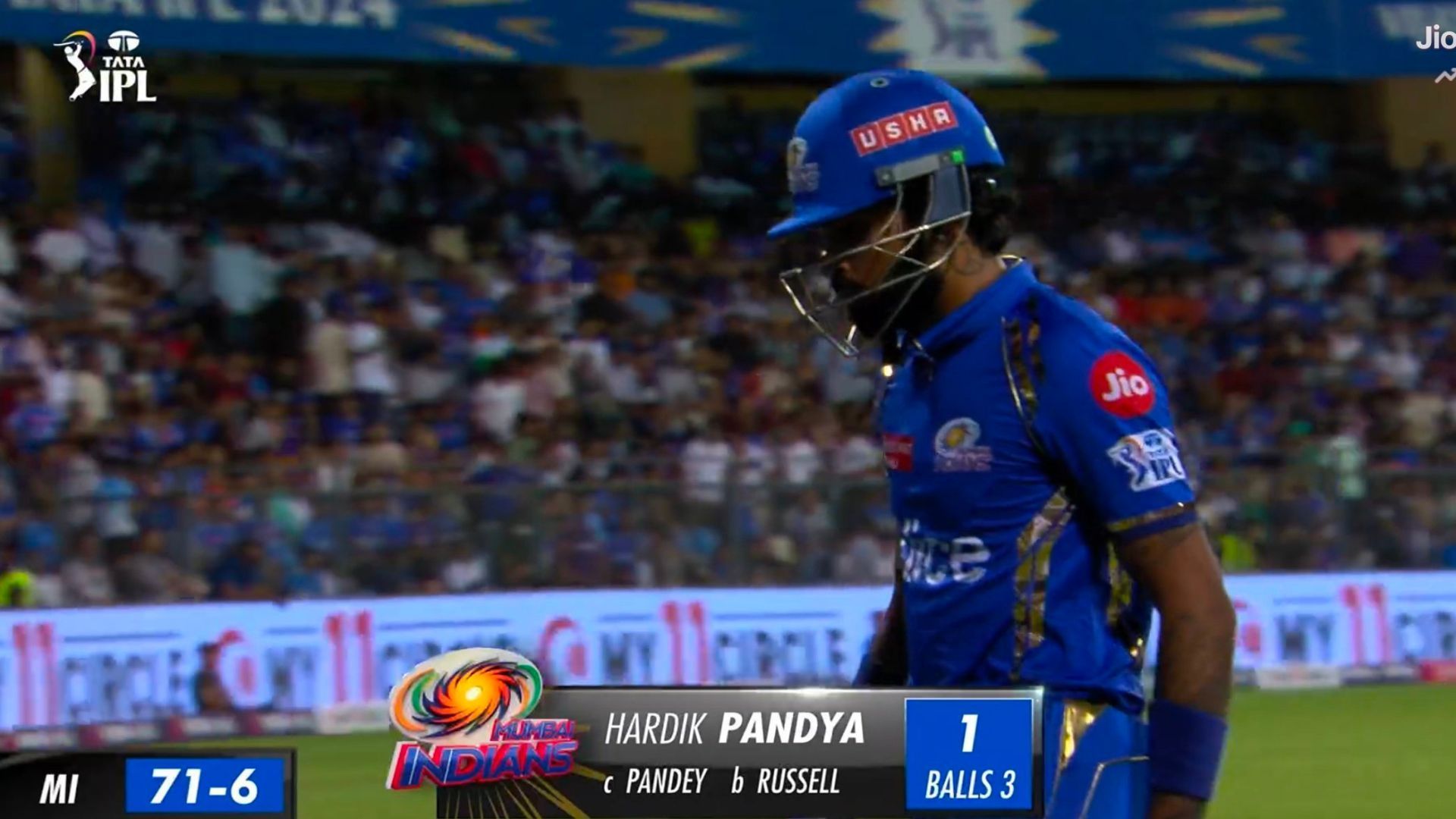 Hardik Pandya was dismissed for just 1 off 3 against KKR on Friday (Image: Jio Cinema)