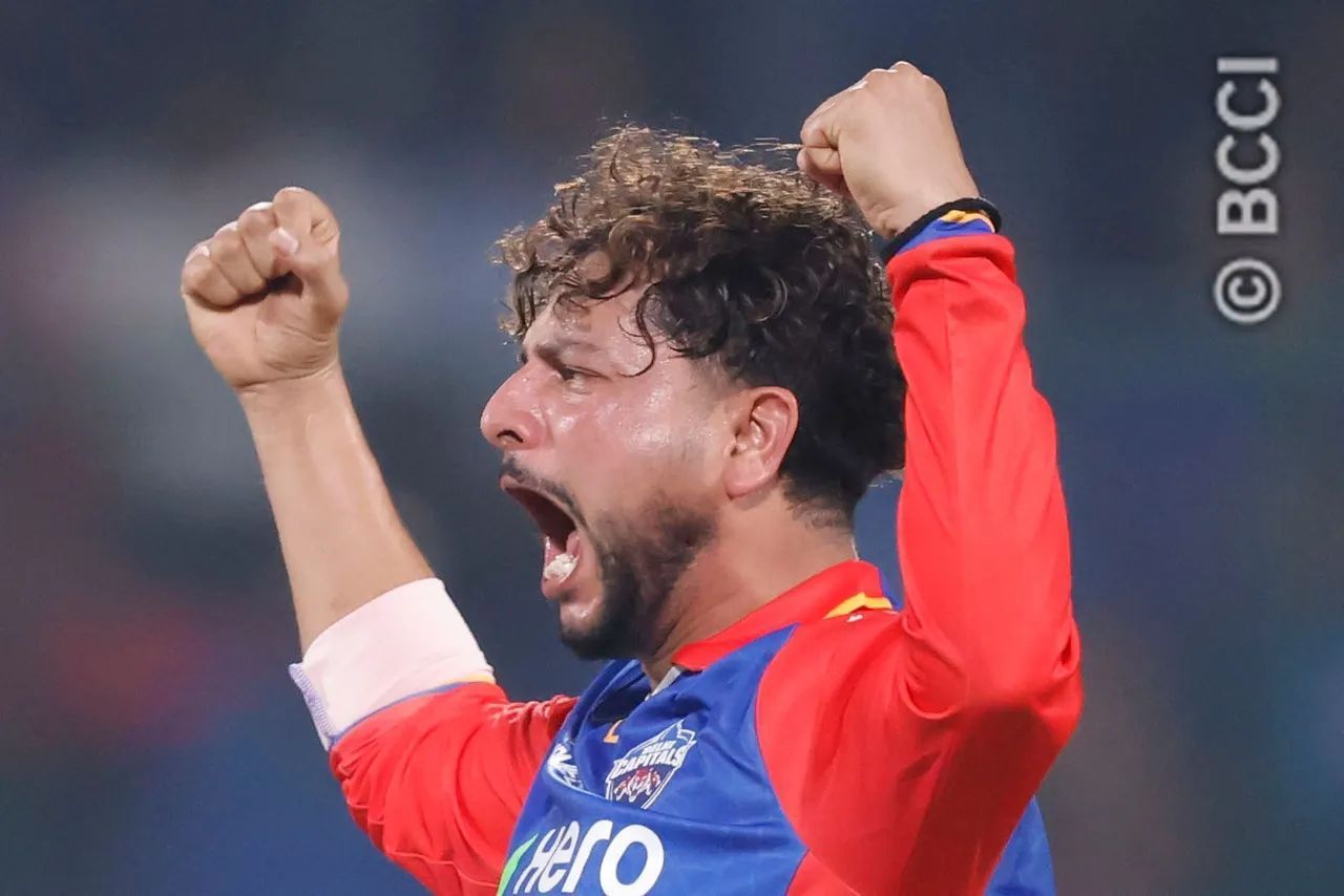 Kuldeep Yadav celebrating a wicket in IPL 2024. 