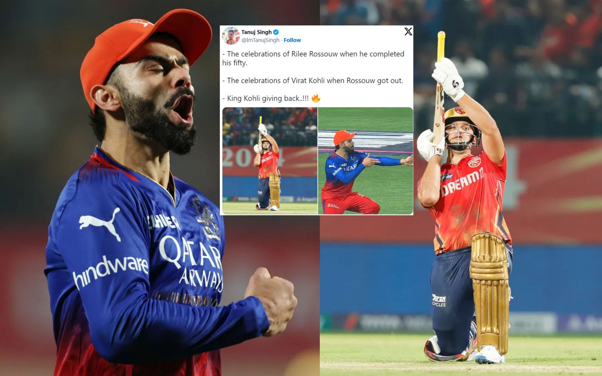 Virat Kohli and Rilee Rossouw during RCB vs PBKS IPL 2024 clash.