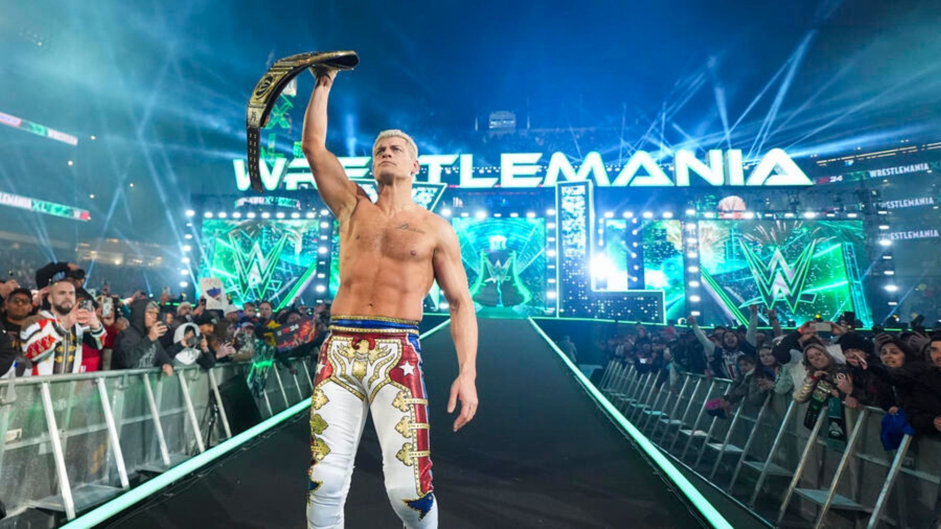 Cody Rhodes during his title win at WrestleMania 40