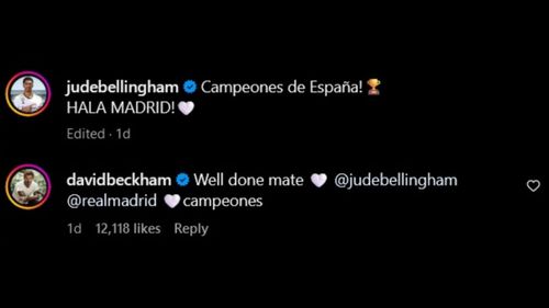 David Beckham comments on Jude Bellingham's celebratory post on Instagram.