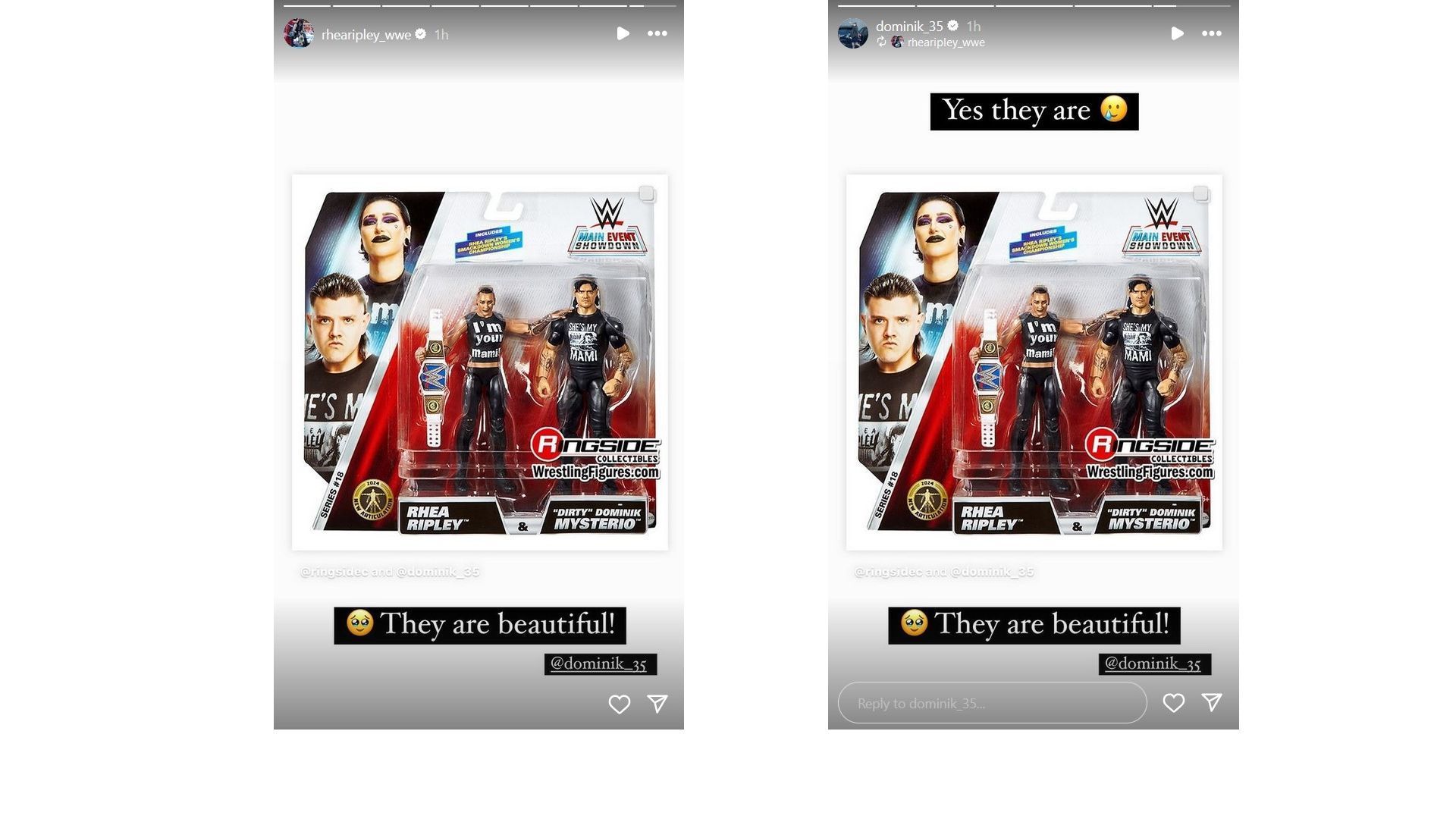 Screenshots of Rhea Ripley and Dominik Mysterio posts to Instagram Stories