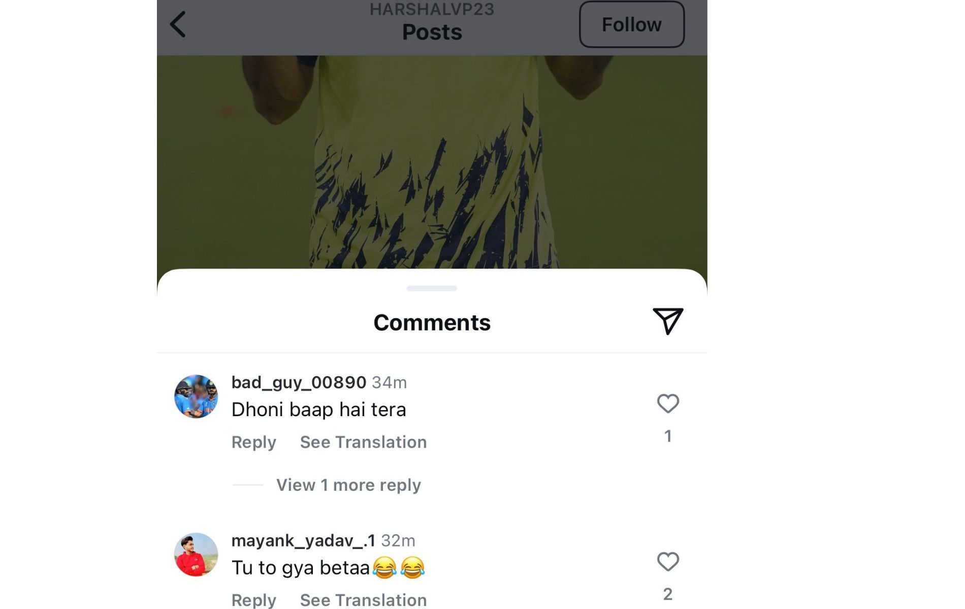 Screenshot from Harshal Patel's Instagram comments section