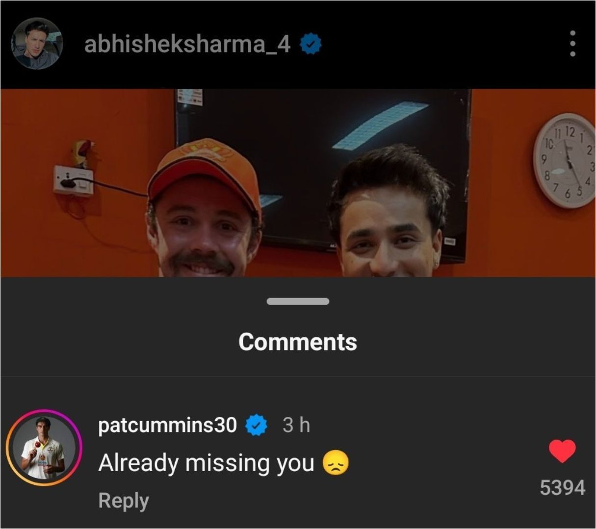 Screengrab of Pat Cummins&#039; comment on Abhishek Sharma&#039;s Instagram post