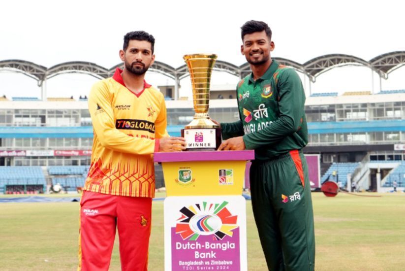 Sikandar Raza and Najmul Hossain Shanto with the trophy (Image Courtesy: X/Bangladesh Cricket)