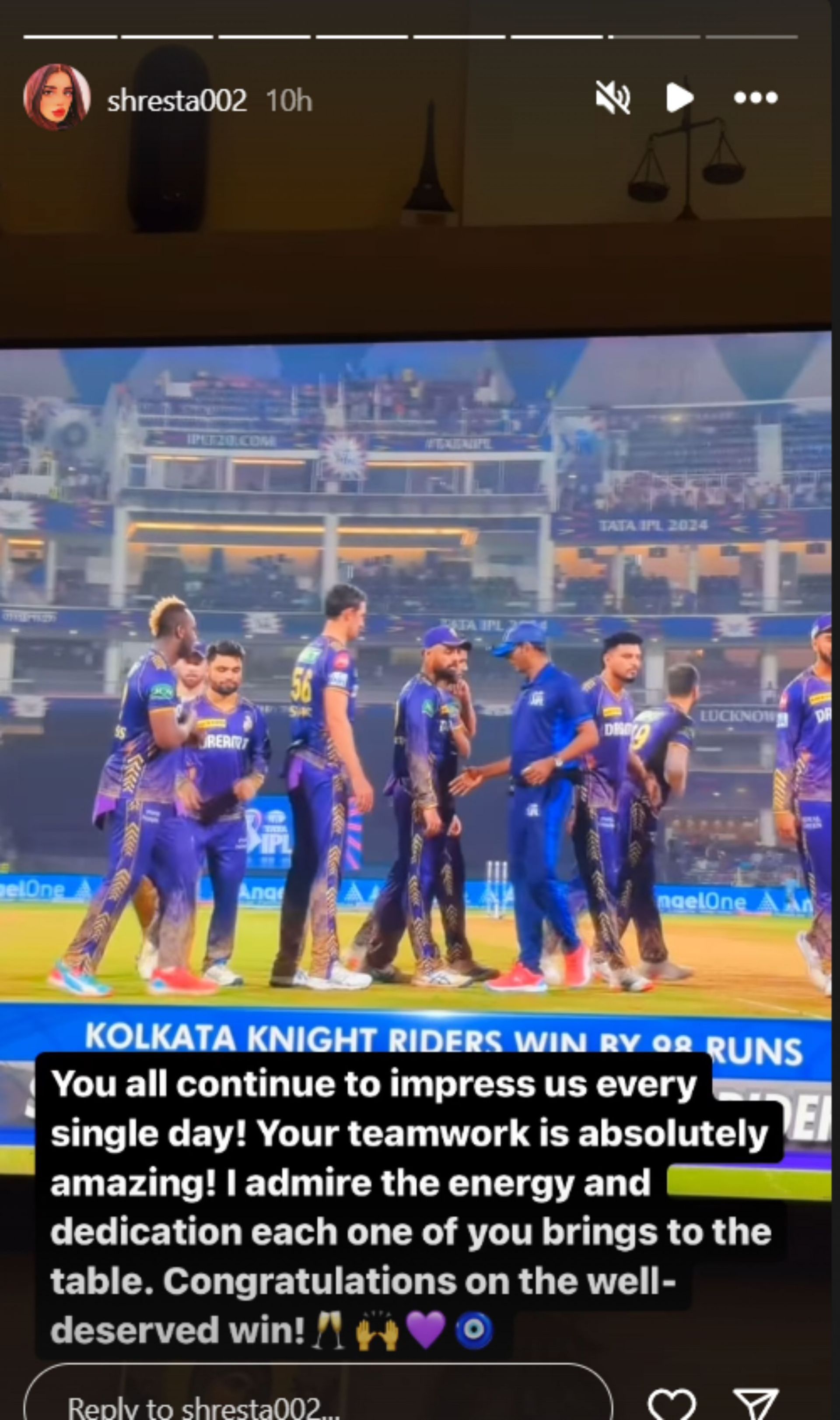 Shresta Iyer&#039;s Instagram story after KKR&#039;s victory on Sunday night.