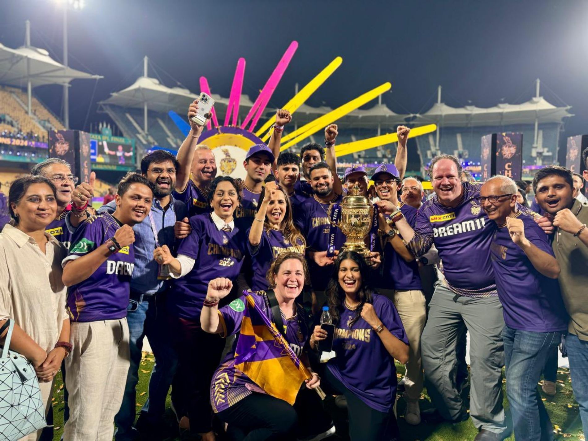 KKR co-owner and Bollywood actor Juhi Chawla posed with members of the Kolkata franchise. (Image Credit: Juhi Chawla Mehta/ X)