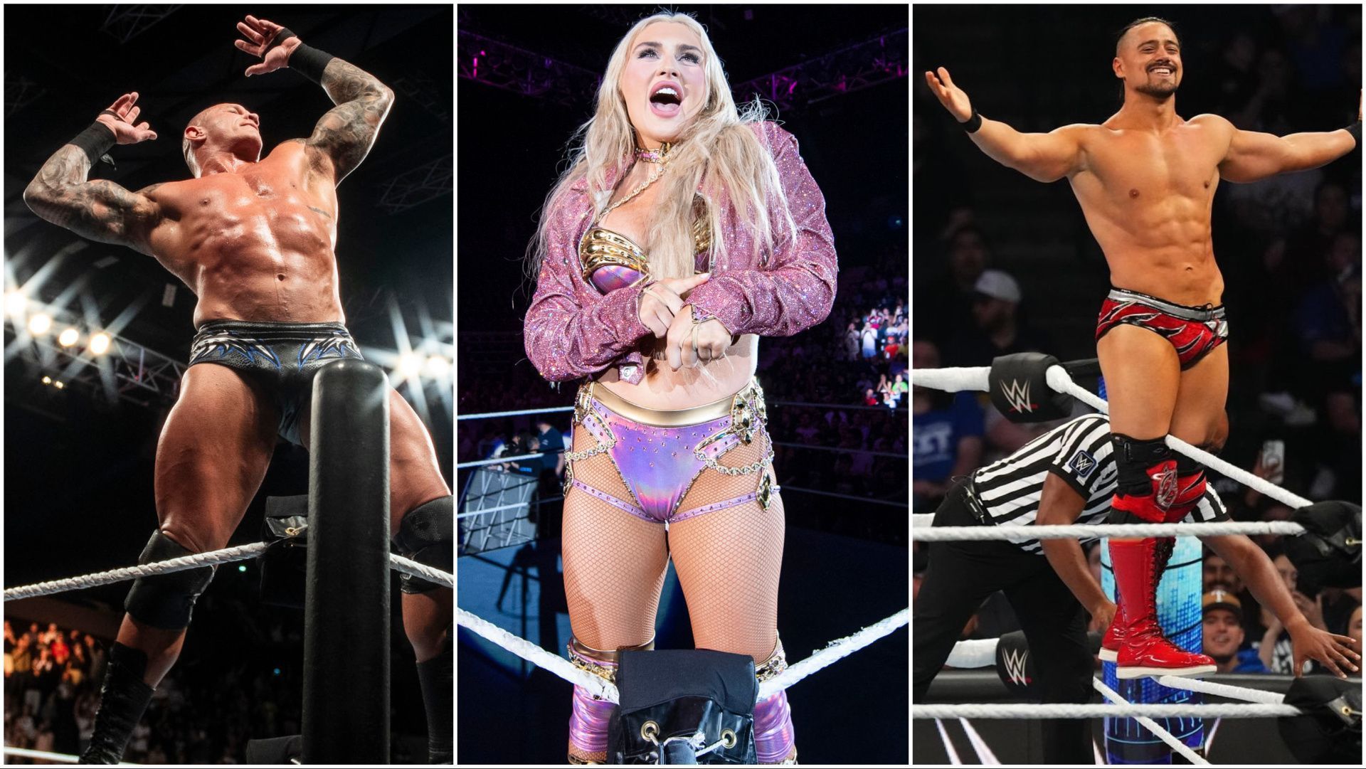 Randy Orton, Tiffany Stratton, and Angel pose for the WWE Universe