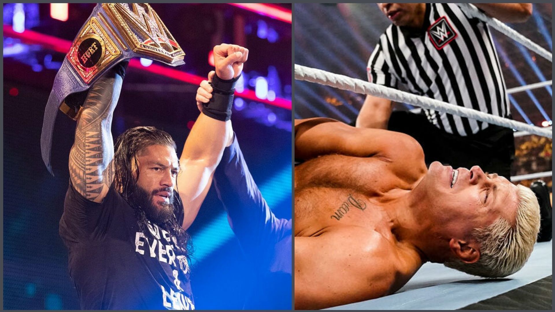 Roman Reigns (left); Cody Rhodes (right)