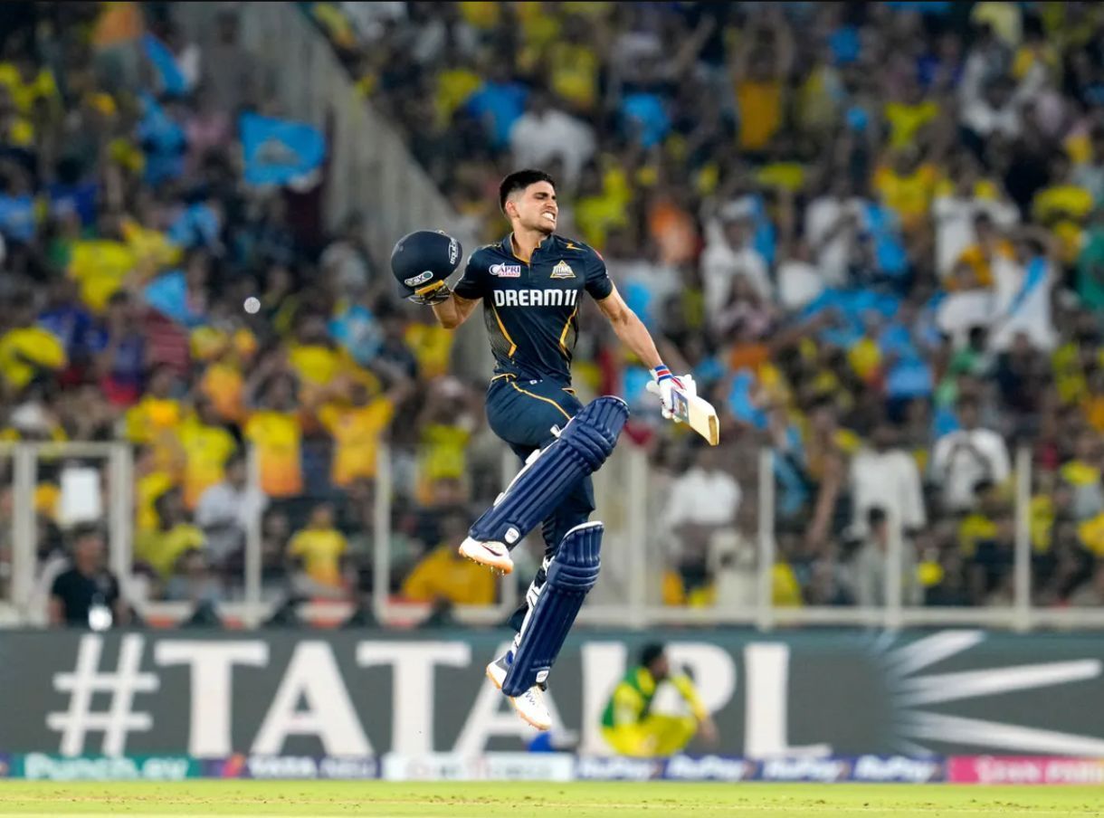 Shubman Gill with an animated celebration after his hundred vs CSK