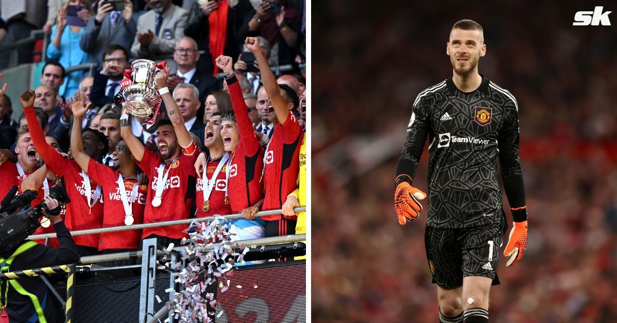David De Gea reacts after Manchester United beat rivals Man City to lift FA Cup