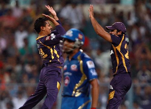 Sunil Narine celebrating Rohit Sharma's wicket.