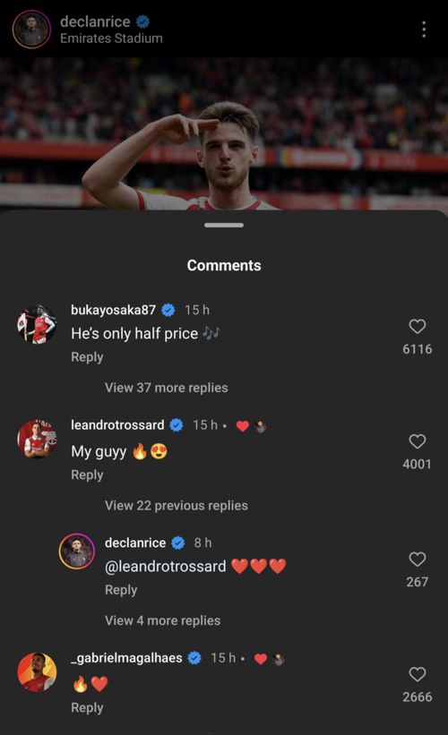 Bukayo Saka and Leandro Trossard react to Declan Rice's Instagram post.